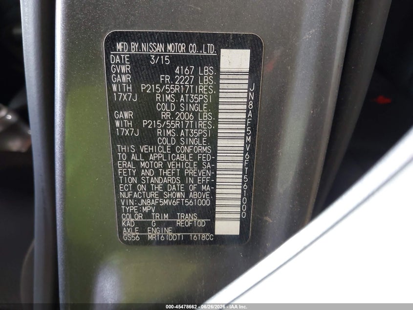 2015 Nissan Juke VIN JN8AF5MV6FT561000 IAAI salvage auction — SUSPENSION, Mv-907A (New York), sold $1,800 on 2026-07-08 (photo 9)