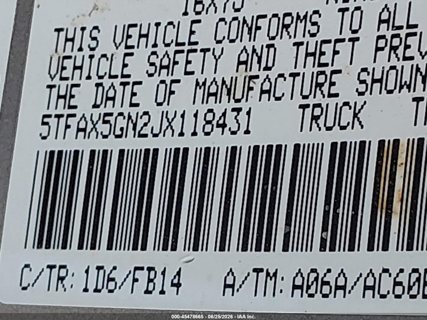 2018 Toyota Tacoma VIN 5TFAX5GN2JX118431 IAAI salvage auction — FRONT END, Salvage (Texas), sold $4,700 on 2026-07-21 (photo 9)