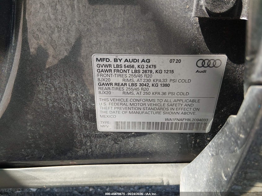 2020 Audi Q5 VIN WA1FNAFY8L2094033 IAAI salvage auction — REAR END, Salvage (Tennessee), sold $10,650 on 2026-07-16 (photo 9)
