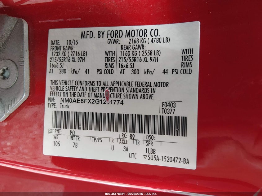 2016 Ford Transit VIN NM0AE8FX2G1251774 IAAI salvage auction — NORMAL WEAR, Clear (Tennessee), sold $775 on 2026-07-23 (photo 9)