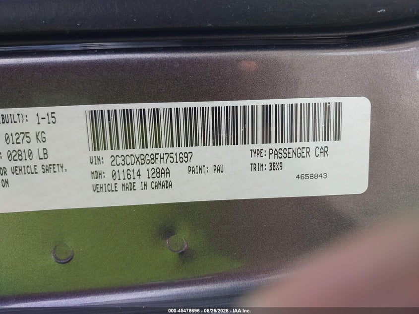 2015 Dodge Charger VIN 2C3CDXBG8FH751697 IAAI salvage auction — WATER/FLOOD, Certificate Of Destruction (Louisiana), sold $825 on 2026-07-29 (photo 9)