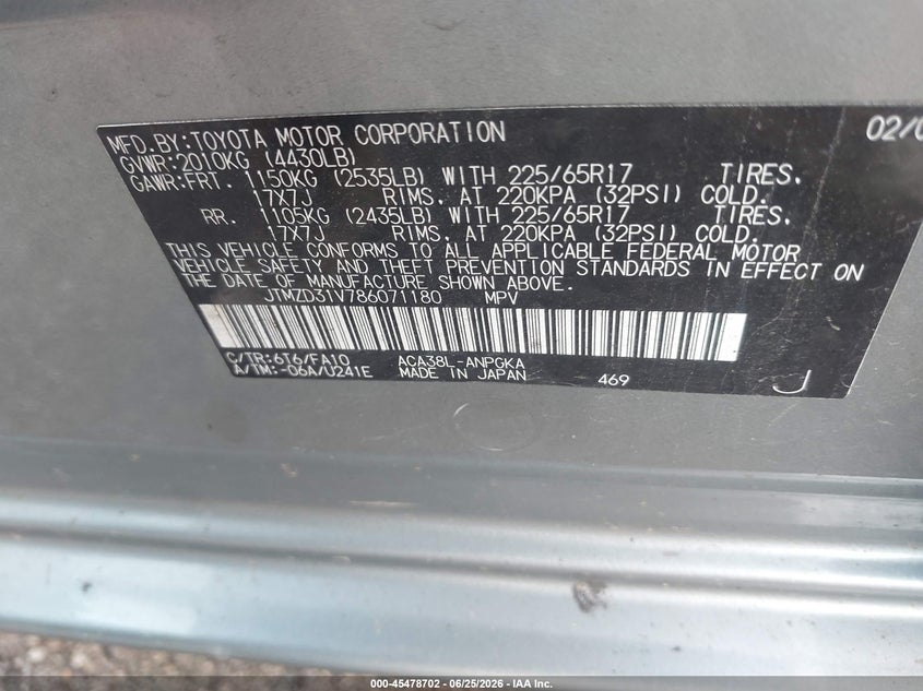 2008 Toyota Rav 4 VIN JTMZD31V786071180 IAAI salvage auction — NORMAL WEAR, Clear (Indiana), sold $1,050 on 2026-07-15 (photo 9)