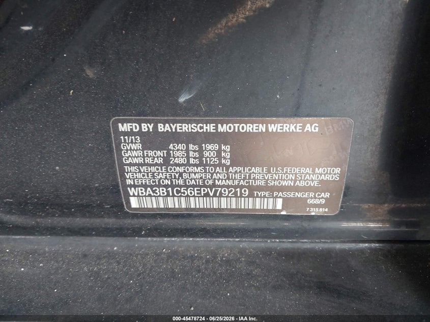 2014 BMW 3er VIN WBA3B1C56EPV79219 IAAI salvage auction — NORMAL WEAR, Clear (Florida), sold $1,475 on 2026-07-15 (photo 9)