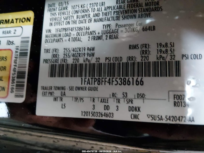 2015 Ford Mustang VIN 1FATP8FF4F5386166 IAAI salvage auction — FRONT END, Salvage Title, sold $7,000 on 2026-07-31 (photo 9)