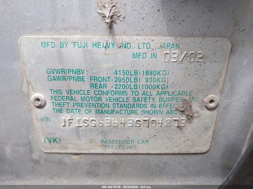 2003 Subaru Forester VIN JF1SG63643G704873 IAAI salvage auction — NORMAL WEAR, Original - Reconstructed (Alaska), sold $375 on 2026-07-14 (photo 9)