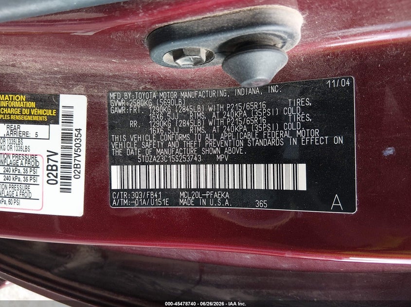 2005 Toyota Sienna VIN 5TDZA23C15S253743 IAAI salvage auction — NORMAL WEAR, Clear (New Mexico), sold $275 on 2026-07-24 (photo 9)