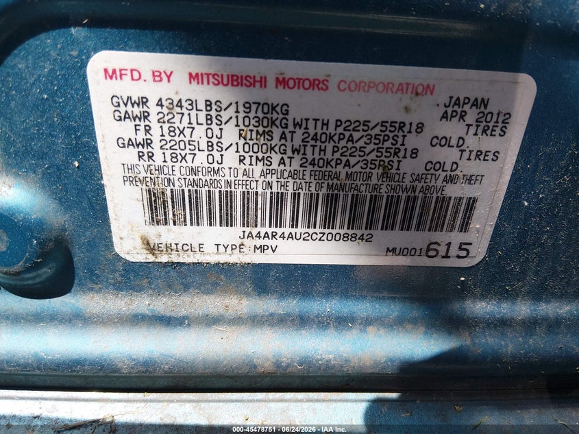 2012 Mitsubishi VIN JA4AR4AU2CZ008842 IAAI salvage auction — NORMAL WEAR, Original (Ohio), sold $325 on 2026-07-23 (photo 9)
