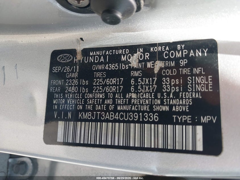 2012 Hyundai Tucson VIN KM8JT3AB4CU391336 IAAI salvage auction — FRONT END, Salvage (Pennsylvania), sold $750 on 2026-07-17 (photo 9)