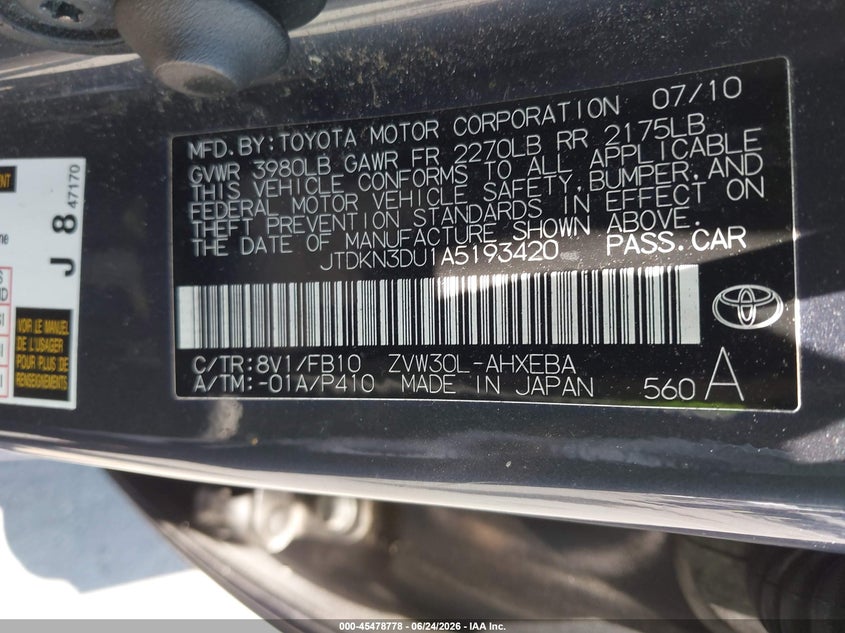 2010 Toyota Prius VIN JTDKN3DU1A5193420 IAAI salvage auction — NORMAL WEAR, Clear - Dealer Only (California), sold $2,450 on 2026-07-20 (photo 9)