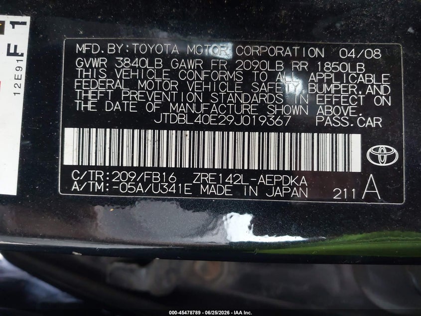 2009 Toyota Corolla VIN JTDBL40E29J019367 IAAI salvage auction — NORMAL WEAR, Original (Ohio), sold $1,050 on 2026-07-29 (photo 9)