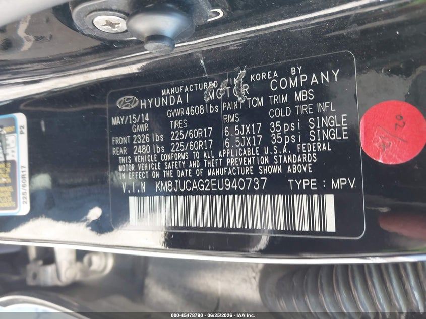 2014 Hyundai Tucson VIN KM8JUCAG2EU940737 IAAI salvage auction — THEFT, Salvage Title, sold $125 on 2026-07-29 (photo 9)
