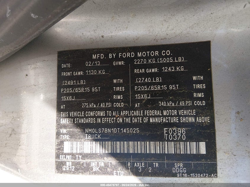 2013 Ford VIN NM0LS7BN1DT145025 IAAI salvage auction — NORMAL WEAR, Clear (Massachusetts), sold $325 on 2026-07-29 (photo 9)