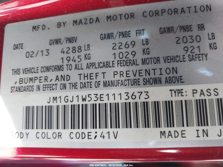 2014 Mazda 6 VIN JM1GJ1W53E1113673 IAAI salvage auction — REAR END, Salvage (California), sold $2,650 on 2026-07-13 (photo 9)