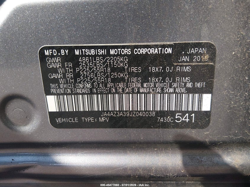 2018 Mitsubishi Outlander VIN JA4AZ3A39JZ040038 IAAI salvage auction — LEFT SIDE, Salvage (New Jersey), sold $2,250 on 2026-07-30 (photo 9)