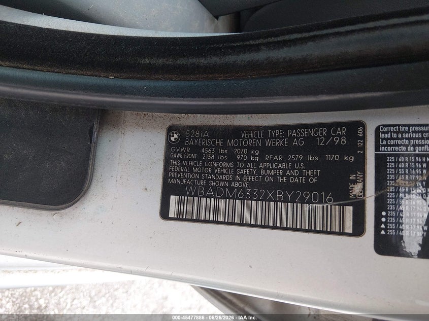 1999 BMW 5er VIN WBADM6332XBY29016 IAAI salvage auction — NORMAL WEAR, Salvage Title, sold $25 on 2026-07-23 (photo 9)
