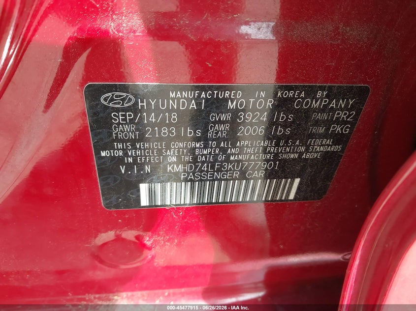 2019 Hyundai Elantra VIN KMHD74LF3KU777901 IAAI salvage auction — REAR END, Salvage (Virginia), sold $2,000 on 2026-07-24 (photo 9)