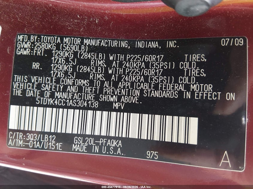 2010 Toyota Sienna VIN 5TDYK4CC1AS304138 IAAI salvage auction — NORMAL WEAR, Clear-Endorsement (Wisconsin), sold $1,050 on 2026-07-22 (photo 9)