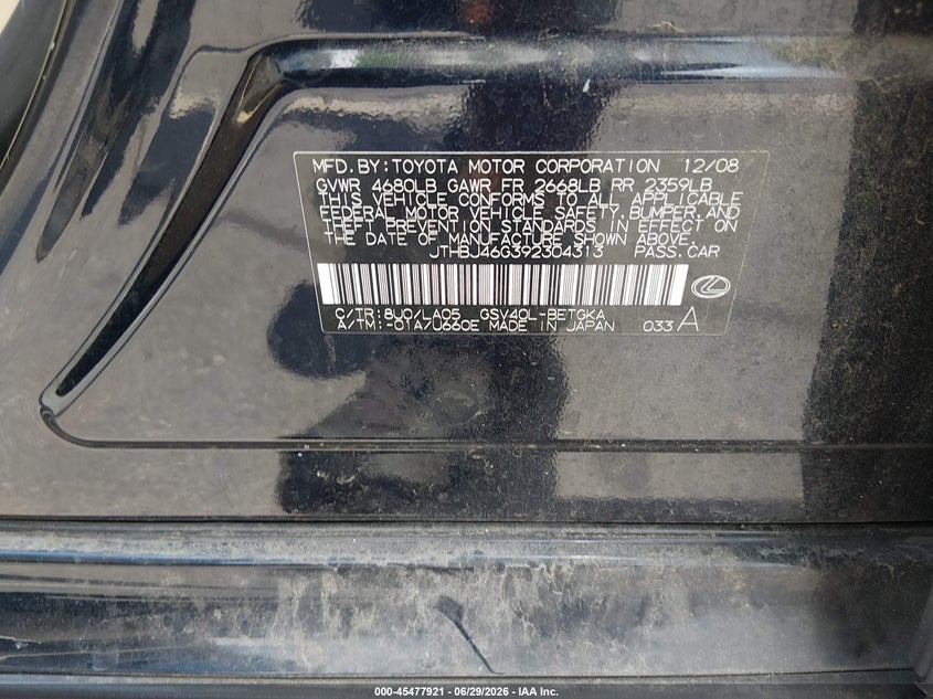 2009 Lexus Es 350 VIN JTHBJ46G392304313 IAAI salvage auction — RIGHT FRONT, Salvage (North Carolina), sold $650 on 2026-07-29 (photo 9)