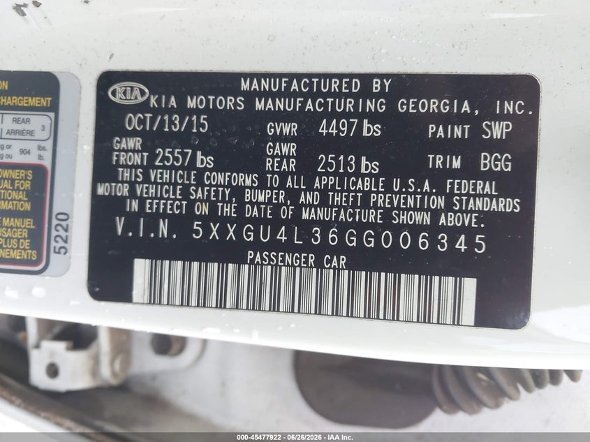 2016 Kia Optima VIN 5XXGU4L36GG006345 IAAI salvage auction — NORMAL WEAR, Clear-Dealer Only (North Carolina), sold $825 on 2026-07-29 (photo 9)