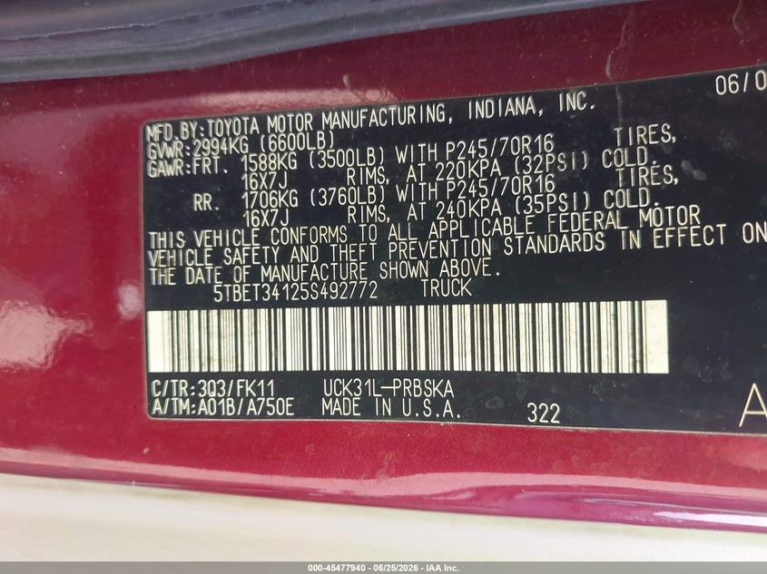 2005 Toyota Tundra VIN 5TBET34125S492772 IAAI salvage auction — FRONT END, Salvage (Texas), sold $1,450 on 2026-07-30 (photo 9)