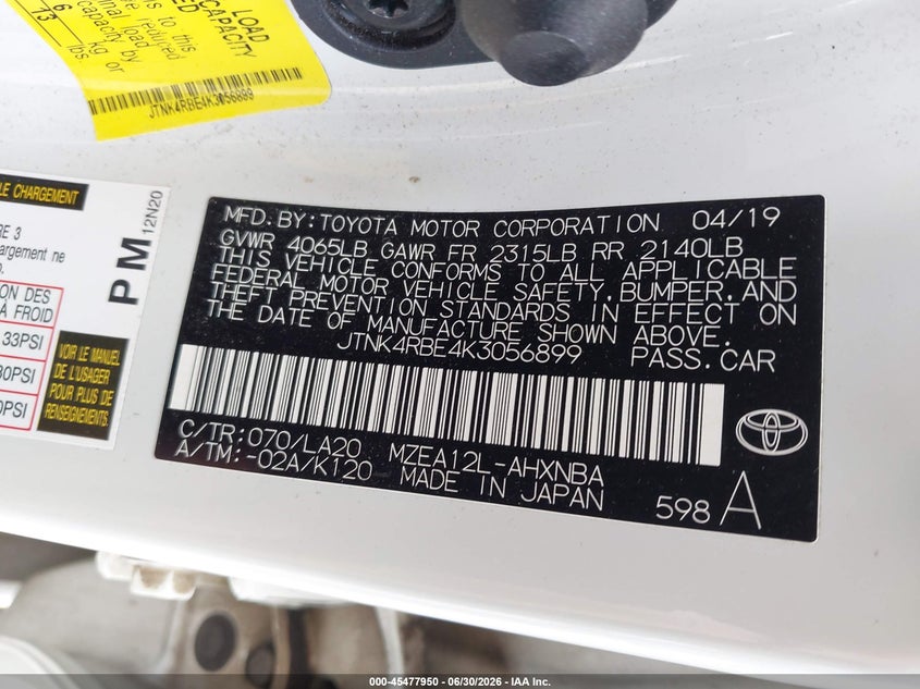 2019 Toyota Corolla VIN JTNK4RBE4K3056899 IAAI salvage auction — RIGHT FRONT, Mv-907A (New York), sold $3,550 on 2026-07-30 (photo 9)