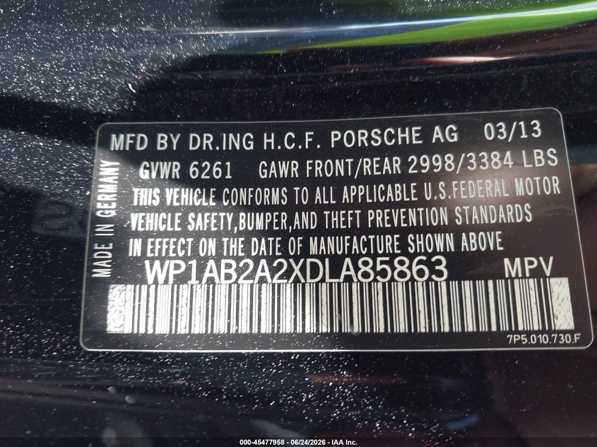 2013 Porsche Cayenne VIN WP1AB2A2XDLA85863 IAAI salvage auction — NORMAL WEAR, Clear - Dealer Only (California), sold $2,100 on 2026-07-29 (photo 9)