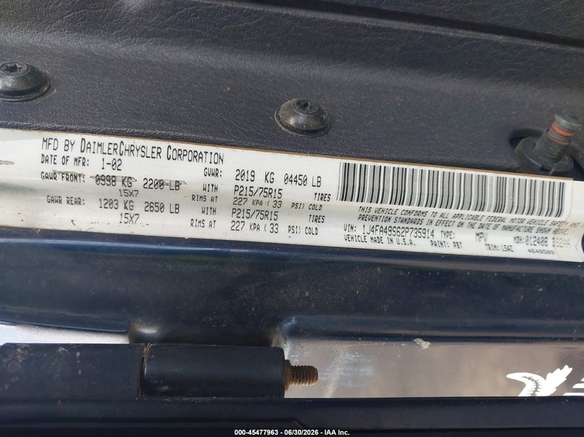 2002 Jeep Wrangler / VIN 1J4FA49S62P735914 IAAI salvage auction — RIGHT FRONT, Salvage (Mississippi), sold $1,400 on 2026-07-26 (photo 9)