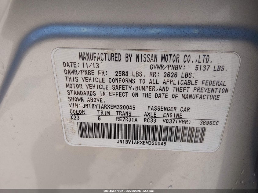 2014 Infiniti Q70 VIN JN1BY1ARXEM320045 IAAI salvage auction — VANDALISM, Clear (Virginia), sold $1,550 on 2026-07-19 (photo 9)