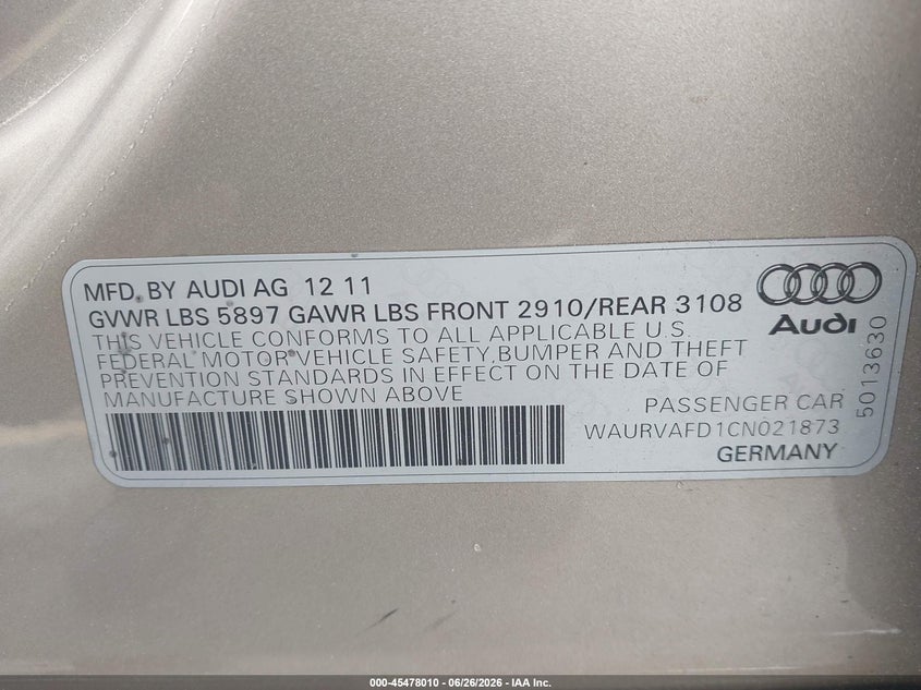 2012 Audi A8 VIN WAURVAFD1CN021873 IAAI salvage auction — NORMAL WEAR, Clear (Connecticut), sold $875 on 2026-07-30 (photo 9)