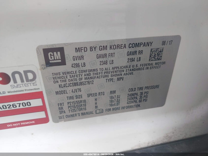 2018 Buick Encore VIN KL4CJCSB9JB527612 IAAI salvage auction — NORMAL WEAR, Original (Texas), sold $775 on 2026-07-09 (photo 9)