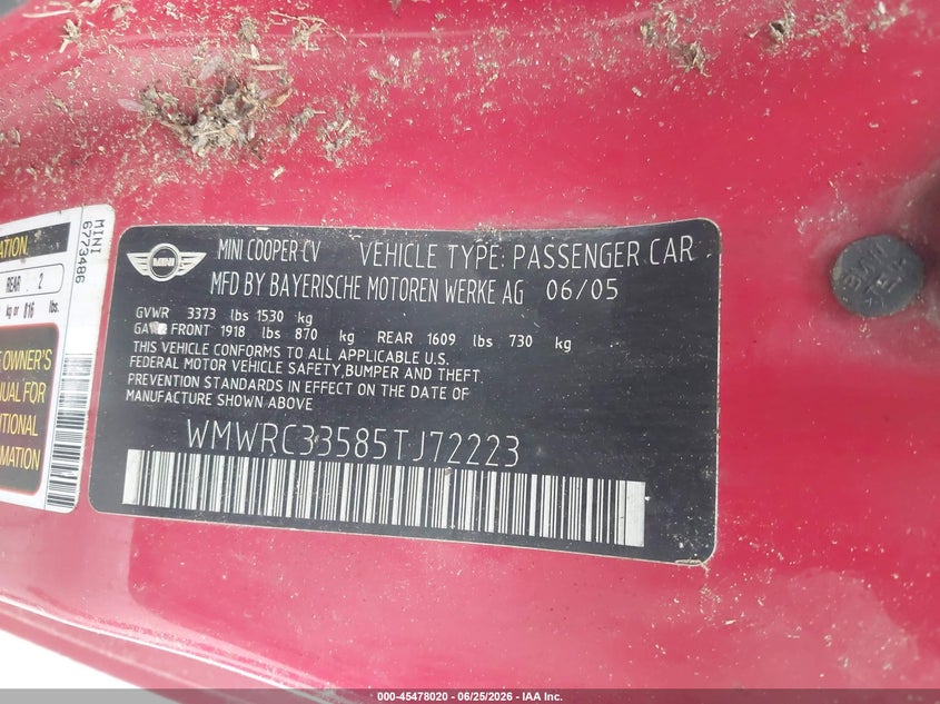 2005 Mini Cooper VIN WMWRC33585TJ72223 IAAI salvage auction — NORMAL WEAR, Repossession Paperwork (Georgia), sold $275 on 2026-08-19 (photo 9)