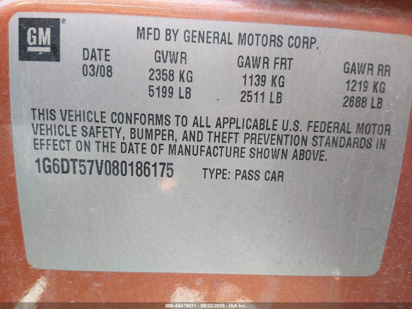 2008 Cadillac Cts VIN 1G6DT57V080186175 IAAI salvage auction — FRONT END, Salvage (Missouri), sold $525 on 2026-07-19 (photo 9)