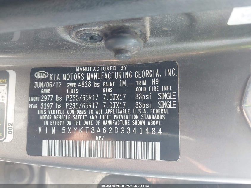 2013 Kia Sorento VIN 5XYKT3A62DG341484 IAAI salvage auction — SIDE, Salvage Title, sold $975 on 2026-07-28 (photo 9)