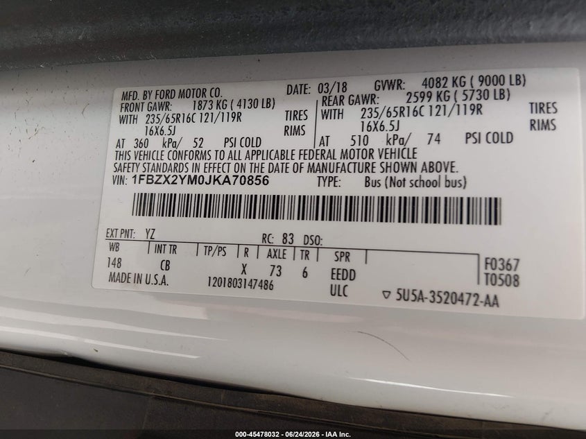 2018 Ford Transit-350 VIN 1FBZX2YM0JKA70856 IAAI salvage auction — NORMAL WEAR, Sf97 (Colorado), sold $19,625 on 2026-09-02 (photo 9)
