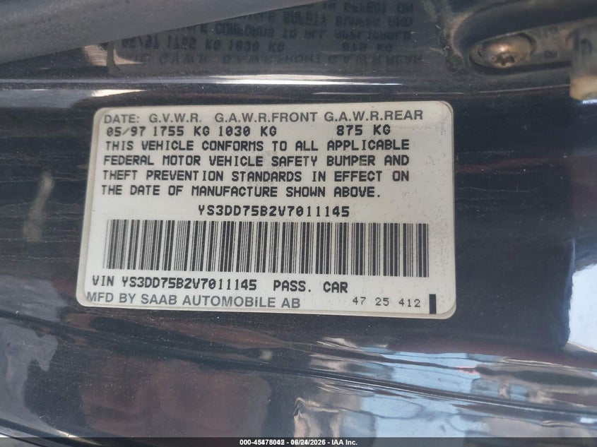 1997 Saab 900 VIN YS3DD75B2V7011145 IAAI salvage auction — REAR END, Salvage (Idaho), sold $150 on 2026-08-06 (photo 9)