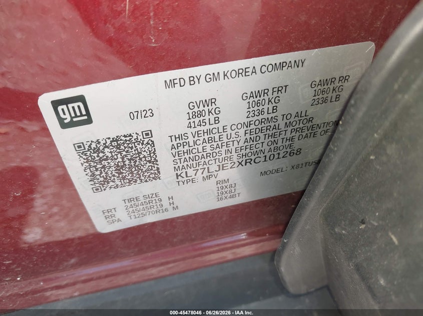 2024 Chevrolet Trax VIN KL77LJE2XRC101268 IAAI salvage auction — FRONT END, Salvage Title, sold $6,200 on 2026-07-11 (photo 9)