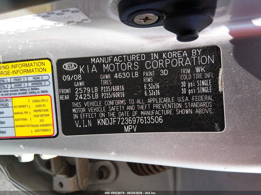 2009 Kia Sportage VIN KNDJF723697613506 IAAI salvage auction — NORMAL WEAR, Clear (Nevada), sold $425 on 2026-07-10 (photo 9)