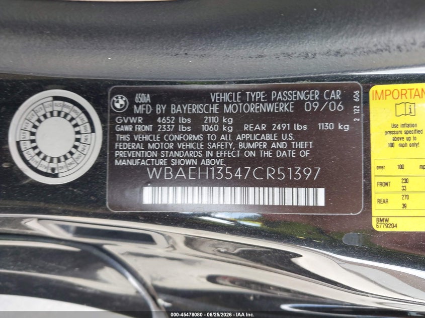 2007 BMW 6 series VIN WBAEH13547CR51397 IAAI salvage auction — LEFT SIDE, Salvage (California), sold $1,450 on 2026-07-13 (photo 9)
