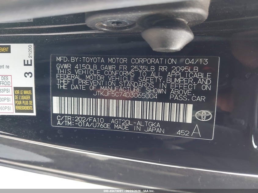 2013 Scion Tc VIN JTKJF5C74D3065004 IAAI salvage auction — REAR END, Salvage (Texas), sold $475 on 2026-07-28 (photo 9)