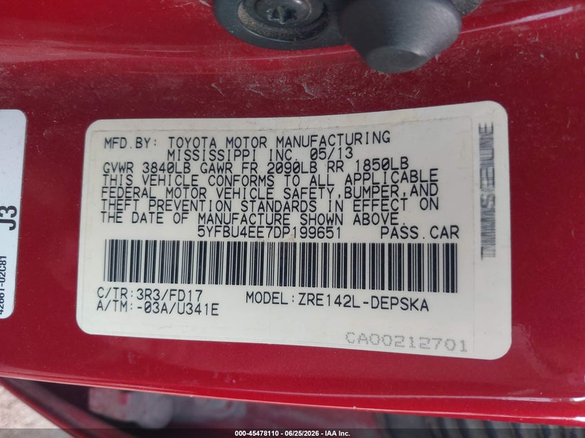 2013 Toyota Corolla VIN 5YFBU4EE7DP199651 IAAI salvage auction — REAR END, Clear (Indiana), sold $2,450 on 2026-07-23 (photo 9)