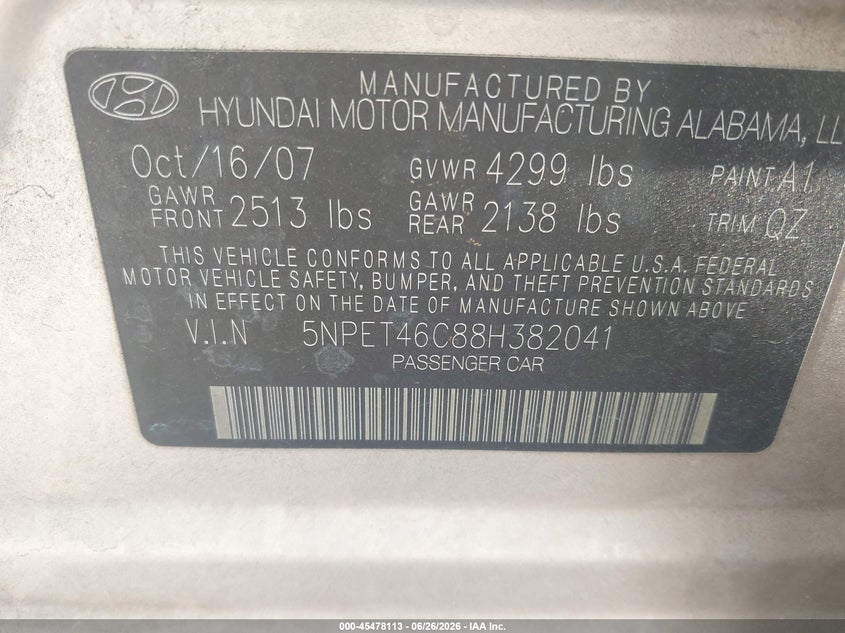 2008 Hyundai Sonata VIN 5NPET46C88H382041 IAAI salvage auction — RIGHT REAR, Salvage (Georgia), sold $975 on 2026-07-29 (photo 9)