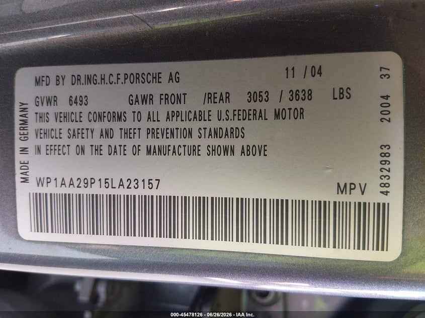 2005 Porsche Cayenne VIN WP1AA29P15LA23157 IAAI salvage auction — FRONT END, Rebuildable (Florida), sold $25 on 2026-07-28 (photo 9)