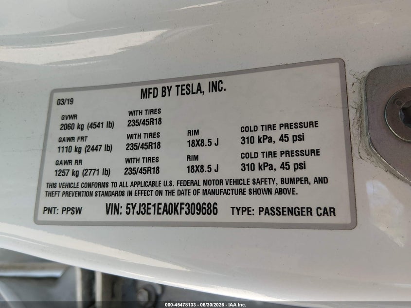 2019 Tesla Model 3 VIN 5YJ3E1EA0KF309686 IAAI salvage auction — FRONT & REAR, Salvage (Utah), sold $4,550 on 2026-07-30 (photo 9)