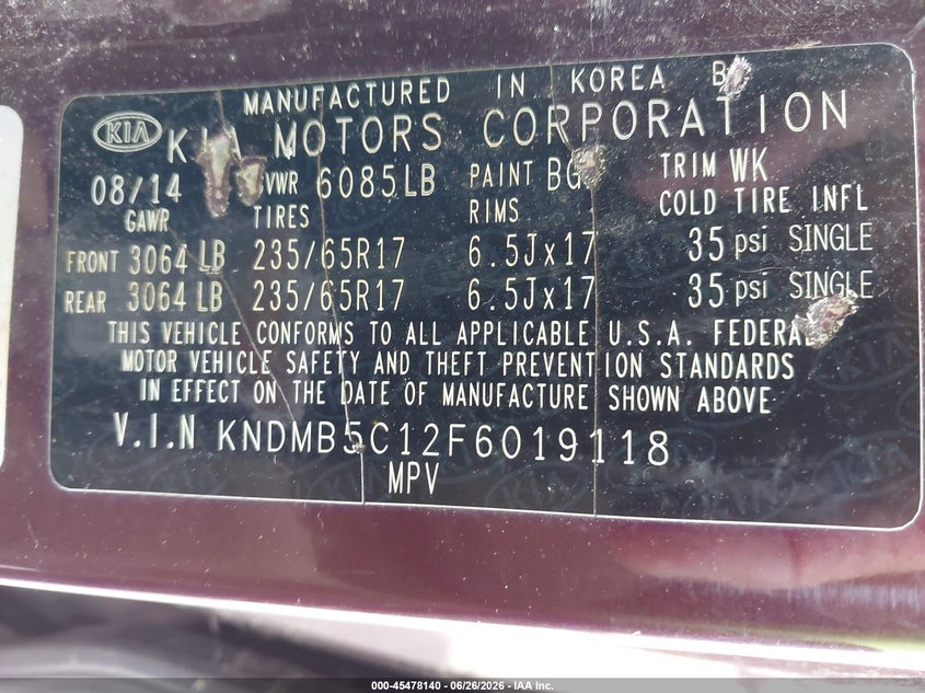 2015 Kia SEDONA VIN KNDMB5C12F6019118 IAAI salvage auction — NORMAL WEAR, Original (Maine), sold $1,100 on 2026-07-06 (photo 9)