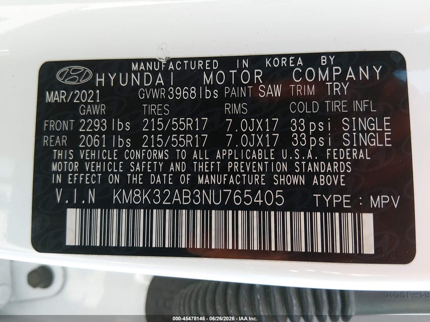 2022 Hyundai Kona VIN KM8K32AB3NU765405 IAAI salvage auction — REAR END, Salvage (California), sold $5,050 on 2026-07-14 (photo 9)