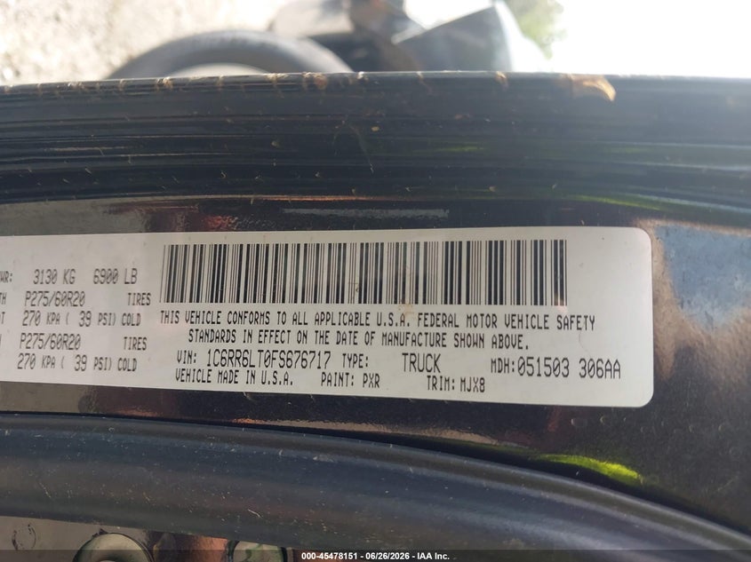 2015 Ram 1500 VIN 1C6RR6LT0FS676717 IAAI salvage auction — FRONT & REAR, Salvage Title, sold $2,800 on 2026-08-01 (photo 9)