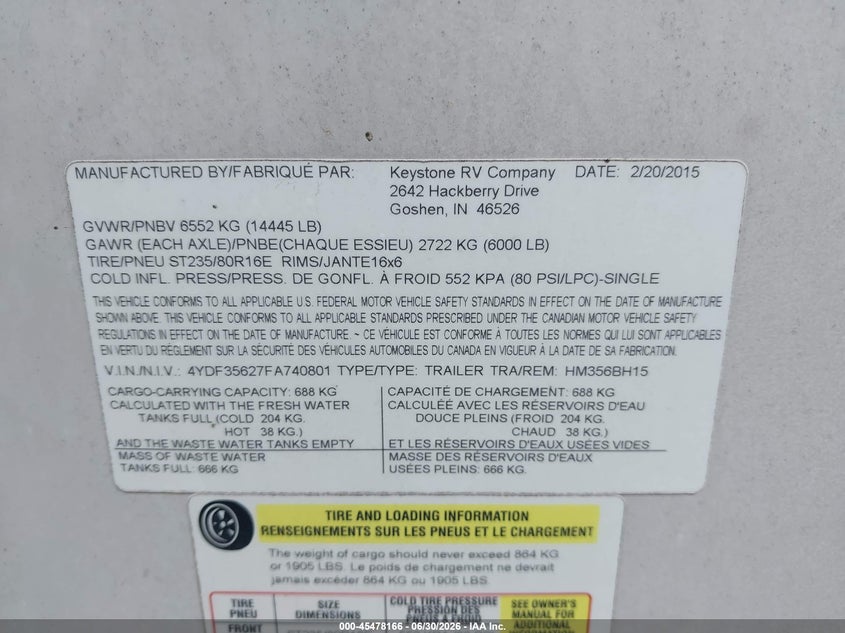 2015 Keystone Other VIN 4YDF35627FA740801 IAAI salvage auction — ROOF, Salvage (Illinois), sold $7,400 on 2026-08-19 (photo 9)