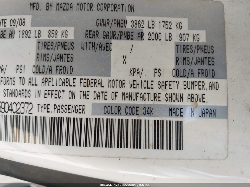 2009 Mazda Rx-8 VIN JM1FE17P590402372 IAAI salvage auction — NORMAL WEAR, Original (Texas), sold $300 on 2026-07-29 (photo 9)