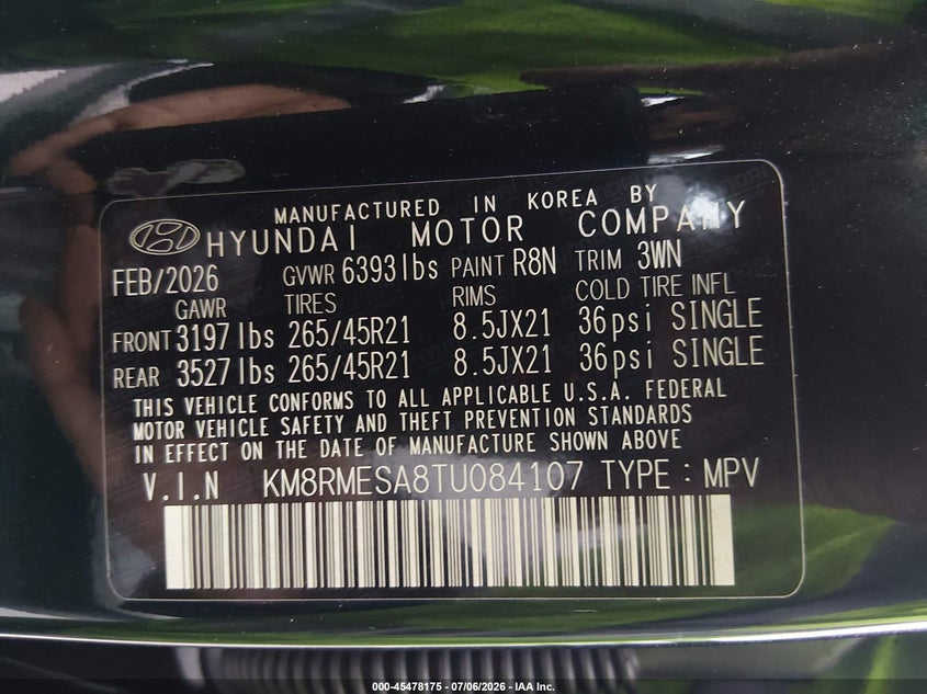 2026 Hyundai Palisade VIN KM8RMESA8TU084107 IAAI salvage auction — REAR END, Salvage (Connecticut), sold $23,100 on 2026-07-27 (photo 9)