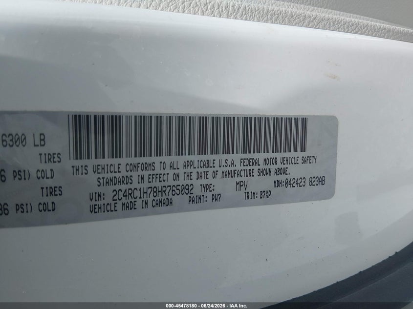 2017 Chrysler Pacifica VIN 2C4RC1H78HR765092 IAAI salvage auction — NORMAL WEAR, Sf97 (Washington), sold $15,350 on 2026-09-03 (photo 9)
